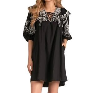 Elan Black Boho Embroidered Swim Cover Up Mini Dress Beach Resort Wear Size M